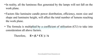 •In reality, all the luminous flux generated by the lamps will not fall on the
work plane.
•Factors like luminaire candle power distribution, efficiency, room size and
shape and luminaire height, will affect the total number of lumens reaching
the work plane.
• The formula is multiplied by a coefficient of utilisation (CU) to take into
consideration all above factors.
Therefore, E= (L* CU ) / A
Downloaded from Ktunotes.in
 