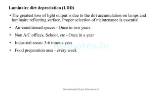 Luminaire dirt depreciation (LDD)
• The greatest loss of light output is due to the dirt accumulation on lamps and
luminaire reflecting surface. Proper selection of maintenance is essential
• Air-conditioned spaces - Once in two years
• Non A/C offices, School, etc - Once in a year
• Industrial areas- 3-6 times a year
• Food preparation area - every week
Downloaded from Ktunotes.in
 