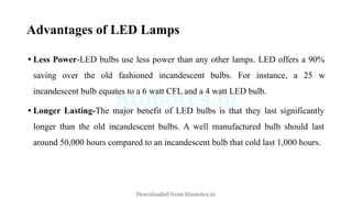 Advantages of LED Lamps
• Less Power-LED bulbs use less power than any other lamps. LED offers a 90%
saving over the old fashioned incandescent bulbs. For instance, a 25 w
incandescent bulb equates to a 6 watt CFL and a 4 watt LED bulb.
• Longer Lasting-The major benefit of LED bulbs is that they last significantly
longer than the old incandescent bulbs. A well manufactured bulb should last
around 50,000 hours compared to an incandescent bulb that cold last 1,000 hours.
Downloaded from Ktunotes.in
 