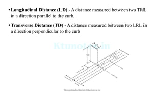 •Longitudinal Distance (LD) - A distance measured between two TRL
in a direction parallel to the curb.
•Transverse Distance (TD) - A distance measured between two LRL in
a direction perpendicular to the curb
Downloaded from Ktunotes.in
 