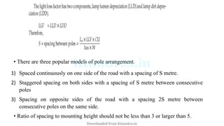 • There are three popular models of pole arrangement.
1) Spaced continuously on one side of the road with a spacing of S metre.
2) Staggered spacing on both sides with a spacing of S metre between consecutive
poles
3) Spacing on opposite sides of the road with a spacing 2S metre between
consecutive poles on the same side.
• Ratio of spacing to mounting height should not be less than 3 or larger than 5.
Downloaded from Ktunotes.in
 