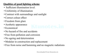 Qualities of good lighting scheme
• Sufficient illumination level.
• Uniformity of illumination
• Contrast with surroundings and sunlight
• Correct colour effect
• Freedom from glare
• Aesthetic appearance
• Economical
• No hazard of fire and accidents
• Free from pollution and corrosion
• No ageing and deterioration
• Modular in construction and replacement
• Free from noise and humming and no magnetic radiations
Downloaded from Ktunotes.in
 