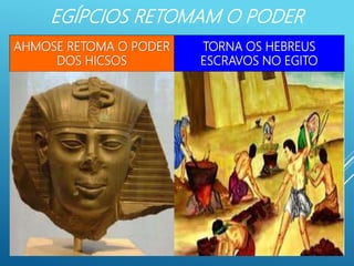 EGÍPCIOS RETOMAM O PODER
AHMOSE RETOMA O PODER
DOS HICSOS
TORNA OS HEBREUS
ESCRAVOS NO EGITO
 