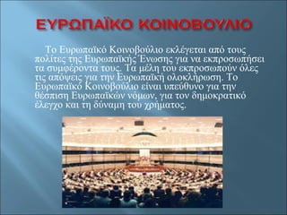 Το Ευρωπαϊκό Κοινοβούλιο εκλέγεται από τους πολίτες της Ευρωπαϊκής Ένωσης για να εκπροσωπήσει τα συμφέροντα τους. Τα μέλη του εκπροσωπούν όλες τις απόψεις για την Ευρωπαϊκή ολοκλήρωση. Το Ευρωπαϊκό Κοινοβούλιο είναι υπεύθυνο για την θέσπιση Ευρωπαϊκών νόμων, για τον δημοκρατικό έλεγχο και τη δύναμη του χρήματος.  