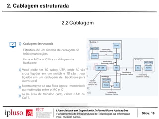 2.2 Cablagem
Cablagem Estruturada
Estrutura de um sistema de cablagem de
telecomunicações
Entre o MC e o IC fica a cablagem de
backbone
Você pode ter 60 cabos UTP, onde 50 são
cross ligados em um switch e 10 são cross
ligados em um cablagem de backbone para
outro local
Normalmente se usa fibra óptica monomodo
ou mutimodo entre o MC e IC
Já na área de trabalho (WR), cabos CAT5 ou
CAT6.
Slide: 16
Licenciatura em Engenharia Informática e Aplicações
Fundamentos de Infraestruturas de Tecnologias da Informação
Prof. Ricardo Santos
2. Cablagem estruturada
 