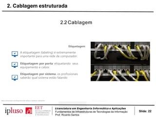 2.2 Cablagem
Etiquetagem
A etiquetagem (labeling) é extremamente
importante para uma rede de computador.
Etiquetagem por porta: etiquetando seus
equipamento e cabos
Etiquetagem por sistema: os profissionais
saberão qual sistema estão falando
https://community.fs.com/blog/horizontal-cabling-vs-backbone-cabling.html
Slide: 22
Licenciatura em Engenharia Informática e Aplicações
Fundamentos de Infraestruturas de Tecnologias da Informação
Prof. Ricardo Santos
2. Cablagem estruturada
 