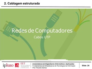 Redes de Computadores
Cabos UTP
Slide: 24
Licenciatura em Engenharia Informática e Aplicações
Fundamentos de Infraestruturas de Tecnologias da Informação
Prof. Ricardo Santos
2. Cablagem estruturada
 