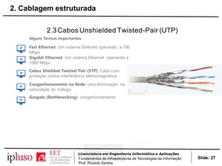 2.3Cabos Unshielded Twisted-Pair (UTP)
Alguns Termos Importantes
Fast Ethernet: Um sistema Ethernet operando a 100
Mbps
Gigabit Ethernet: Um sistema Ethernet operando a
1000 Mbps
Cabos Shielded Twisted Pair (STP): Cabo com
proteção contra interferência eletromagnética.
Congestionamento na Rede: uma diminuição na
velocidade do tráfego
Gargalo (Bottlenecking): congestionamento.
Slide: 27
Licenciatura em Engenharia Informática e Aplicações
Fundamentos de Infraestruturas de Tecnologias da Informação
Prof. Ricardo Santos
2. Cablagem estruturada
 
