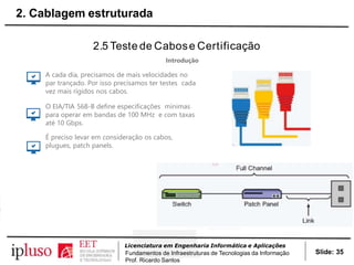 2.5 Teste de Cabose Certificação
Introdução
A cada dia, precisamos de mais velocidades no
par trançado. Por isso precisamos ter testes cada
vez mais rígidos nos cabos.
O EIA/TIA 568-B define especificações mínimas
para operar em bandas de 100 MHz e com taxas
até 10 Gbps.
É preciso levar em consideração os cabos,
plugues, patch panels.
Slide: 35
Licenciatura em Engenharia Informática e Aplicações
Fundamentos de Infraestruturas de Tecnologias da Informação
Prof. Ricardo Santos
2. Cablagem estruturada
 
