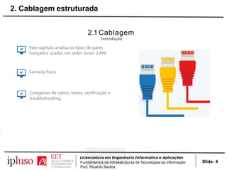 2.1 Cablagem
Introdução
Este capítulo analisa os tipos de pares
trançados usados em redes locais (LAN)
Camada física
Categorias de cabos, testes, certificação e
troubleshooting.
Slide: 4
Licenciatura em Engenharia Informática e Aplicações
Fundamentos de Infraestruturas de Tecnologias da Informação
Prof. Ricardo Santos
2. Cablagem estruturada
 
