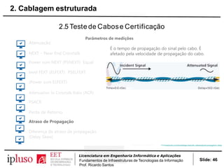 2.5 Teste de Cabose Certificação
Parâmetros de medições
Atenuação
NEXT – Near End Crosstalk
Power sum NEXT (PSNEXT) Equal
level FEXT (ELFEXT) PSELFEXT
(Power sum ELFEXT)
Attenuation to Crosstalk Ratio (ACR)
PSACR
Perda de Retorno
Atraso de Propagação
Diferença de atraso de propagação
(Delay Skew)
É o tempo de propagação do sinal pelo cabo. É
afetado pela velocidade de propagação do cabo.
http://www.flukenetworks.com/knowledge-base/dtx-cableanalyzer/propagation-delay
Slide: 46
Licenciatura em Engenharia Informática e Aplicações
Fundamentos de Infraestruturas de Tecnologias da Informação
Prof. Ricardo Santos
2. Cablagem estruturada
 