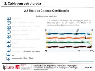2.5 Teste de Cabose Certificação
Parâmetros de medições
Atenuação
NEXT – Near End Crosstalk
Power sum NEXT (PSNEXT) Equal
level FEXT (ELFEXT) PSELFEXT
(Power sum ELFEXT)
Attenuation to Crosstalk Ratio (ACR)
PSACR
Perda de Retorno Atraso de
Propagação Diferença de atraso
de
propagação (Delay Skew)
http://www.flukenetworks.com/knowledge-base/dtx-cableanalyzer/delay-skew
É a diferença no tempo de propagação entre os
diferentes pares de um mesmo cabo. Medido em
nanossegundos. Quanto menor, melhor.
Slide: 47
Licenciatura em Engenharia Informática e Aplicações
Fundamentos de Infraestruturas de Tecnologias da Informação
Prof. Ricardo Santos
2. Cablagem estruturada
 
