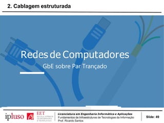 Redes de Computadores
GbE sobre Par Trançado
Slide: 49
Licenciatura em Engenharia Informática e Aplicações
Fundamentos de Infraestruturas de Tecnologias da Informação
Prof. Ricardo Santos
2. Cablagem estruturada
 