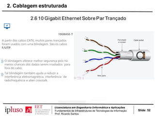 2.6 10 Gigabit Ethernet Sobre Par Trançado
10GBASE-T
A partir dos cabos CAT6, muitos pares trançados
foram usados com uma blindagem. São os cabos
F/UTP.
O blindagem oferece melhor segurança pois há
menos chances dos dados serem irradiados para
fora do cabo.
Tal blindagem também ajuda a reduzir a
interferência eletromagnética, interferência de
radiofrequência e alien crosstalk.
Slide: 52
Licenciatura em Engenharia Informática e Aplicações
Fundamentos de Infraestruturas de Tecnologias da Informação
Prof. Ricardo Santos
2. Cablagem estruturada
 