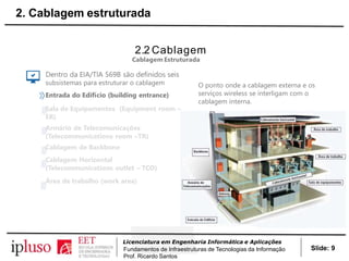 2.2 Cablagem
Cablagem Estruturada
Dentro da EIA/TIA 569B são definidos seis
subsistemas para estruturar o cablagem
Entrada do Edifício (building entrance)
Sala de Equipamentos (Equipment room –
ER)
Armário de Telecomunicações
(Telecommunications room –TR)
Cablagem de Backbone
Cablagem Horizontal
(Telecommunications outlet – TCO)
Área de trabalho (work area)
O ponto onde a cablagem externa e os
serviços wireless se interligam com o
cablagem interna.
Slide: 9
Licenciatura em Engenharia Informática e Aplicações
Fundamentos de Infraestruturas de Tecnologias da Informação
Prof. Ricardo Santos
2. Cablagem estruturada
 