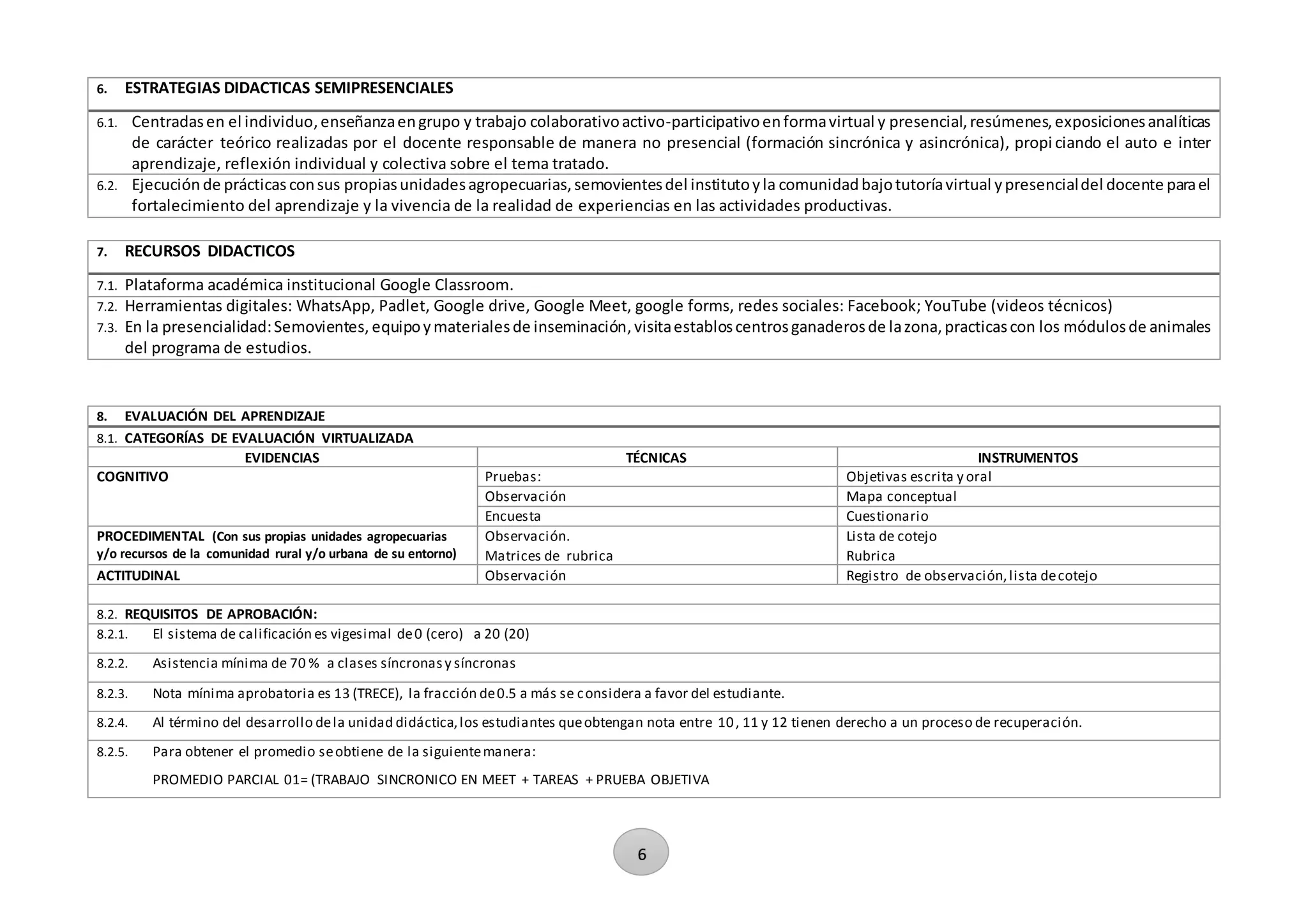 6
6. ESTRATEGIAS DIDACTICAS SEMIPRESENCIALES
6.1. Centradasen el individuo,enseñanzaengrupo y trabajo colaborativoactivo-participativoenformavirtual y presencial,resúmenes,exposicionesanalíticas
de carácter teórico realizadas por el docente responsable de manera no presencial (formación sincrónica y asincrónica), propi ciando el auto e inter
aprendizaje, reflexión individual y colectiva sobre el tema tratado.
6.2. Ejecución de prácticasconsus propiasunidadesagropecuarias,semovientesdel institutoyla comunidadbajotutoríavirtual ypresencialdel docente parael
fortalecimiento del aprendizaje y la vivencia de la realidad de experiencias en las actividades productivas.
7. RECURSOS DIDACTICOS
7.1. Plataforma académica institucional Google Classroom.
7.2. Herramientas digitales: WhatsApp, Padlet, Google drive, Google Meet, google forms, redes sociales: Facebook; YouTube (videos técnicos)
7.3. En la presencialidad:Semovientes, equipoymaterialesde inseminación,visitaestabloscentrosganaderosde lazona,practicascon los módulosde animales
del programa de estudios.
8. EVALUACIÓN DEL APRENDIZAJE
8.1. CATEGORÍAS DE EVALUACIÓN VIRTUALIZADA
EVIDENCIAS TÉCNICAS INSTRUMENTOS
COGNITIVO Pruebas: Objetivas escrita y oral
Observación Mapa conceptual
Encuesta Cuestionario
PROCEDIMENTAL (Con sus propias unidades agropecuarias
y/o recursos de la comunidad rural y/o urbana de su entorno)
Observación.
Matrices de rubrica
Lista de cotejo
Rubrica
ACTITUDINAL Observación Registro de observación,lista decotejo
8.2. REQUISITOS DE APROBACIÓN:
8.2.1. El sistema de calificación es vigesimal de0 (cero) a 20 (20)
8.2.2. Asistencia mínima de 70 % a clases síncronasy síncronas
8.2.3. Nota mínima aprobatoria es 13 (TRECE), la fracción de0.5 a más se considera a favor del estudiante.
8.2.4. Al término del desarrollo dela unidad didáctica,los estudiantes queobtengan nota entre 10, 11 y 12 tienen derecho a un proceso de recuperación.
8.2.5. Para obtener el promedio seobtiene de la siguientemanera:
PROMEDIO PARCIAL 01= (TRABAJO SINCRONICO EN MEET + TAREAS + PRUEBA OBJETIVA
 