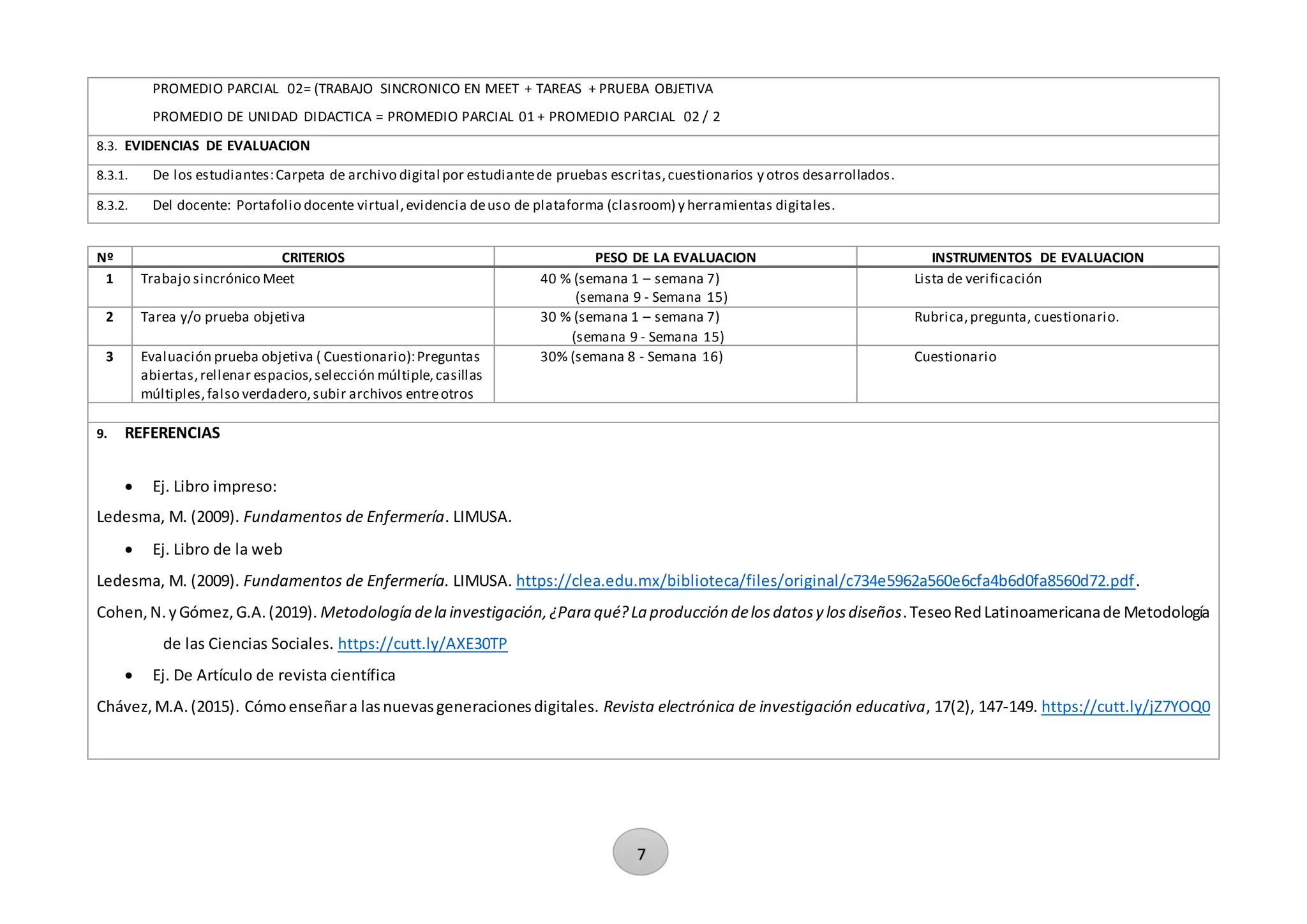 7
PROMEDIO PARCIAL 02= (TRABAJO SINCRONICO EN MEET + TAREAS + PRUEBA OBJETIVA
PROMEDIO DE UNIDAD DIDACTICA = PROMEDIO PARCIAL 01 + PROMEDIO PARCIAL 02 / 2
8.3. EVIDENCIAS DE EVALUACION
8.3.1. De los estudiantes:Carpeta de archivo digital por estudiantede pruebas escritas,cuestionarios y otros desarrollados.
8.3.2. Del docente: Portafolio docente virtual,evidencia deuso de plataforma (clasroom) y herramientas digitales.
Nº CRITERIOS PESO DE LA EVALUACION INSTRUMENTOS DE EVALUACION
1 Trabajo sincrónico Meet 40 % (semana 1 – semana 7)
(semana 9 - Semana 15)
Lista de verificación
2 Tarea y/o prueba objetiva 30 % (semana 1 – semana 7)
(semana 9 - Semana 15)
Rubrica,pregunta, cuestionario.
3 Evaluación prueba objetiva ( Cuestionario):Preguntas
abiertas,rellenar espacios,selección múltiple,casillas
múltiples,falso verdadero,subir archivos entreotros
30% (semana 8 - Semana 16) Cuestionario
9. REFERENCIAS
 Ej. Libro impreso:
Ledesma, M. (2009). Fundamentos de Enfermería. LIMUSA.
 Ej. Libro de la web
Ledesma, M. (2009). Fundamentos de Enfermería. LIMUSA. https://clea.edu.mx/biblioteca/files/original/c734e5962a560e6cfa4b6d0fa8560d72.pdf.
Cohen,N.yGómez,G.A.(2019). Metodologíadelainvestigación,¿Paraqué?Laproduccióndelosdatosy losdiseños.TeseoRedLatinoamericanade Metodología
de las Ciencias Sociales. https://cutt.ly/AXE30TP
 Ej. De Artículo de revista científica
Chávez,M.A.(2015). Cómoenseñara lasnuevasgeneracionesdigitales. Revista electrónica de investigación educativa, 17(2), 147-149. https://cutt.ly/jZ7YOQ0
 