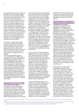 LA FRÉQUENCE ET LE CALENDRIER
DE RECOURS AUX ACTIVITÉS
RÉDUITES DÉPENDENT DU PROFIL DES
DEMANDEURS D’EMPLOI
Les demandeurs d’emploi amenés à
pratiquer précocement une activité
réduite sont notamment des femmes
(dont on sait par ailleurs qu’elles sont
nombreuses à occuper des emplois à
temps partiel), des jeunes de 20 à 25 ans
(en phase d’insertion professionnelle),
des ouvriers et des employés qualifiés
ainsi que des personnes ayant un niveau
de formation intermédiaire (Bac à
Bac+2). Les métiers recherchés dans les
transports, l’industrie, le BTP ou encore
les services favorisent également une
pratique précoce, de même que le fait
d’avoir une expérience passée dans le
métier recherché. Les motifs d’inscription
pour fin de contrat et surtout pour fin
d’intérim conduisent à une pratique plus
précoce que pour les personnes inscrites
suite à un licenciement, les premières
étant plus coutumières des situations
temporaires et donc généralement plus
disposées à accepter rapidement une
proposition d’activité réduite.
À l’inverse, les niveaux de formation les
plus bas ou l’absence de diplôme semblent
retarder fortement l’exercice d’une activité
réduite, toutes choses égales par ailleurs.
Les seniors et en particulier les plus de
50 ans y recourent moins souvent et ont
aussi une durée plus longue de chômage
avant de s’y engager.
En termes de probabilité d’exercer
une activité réduite, les résultats sont
convergents. Les mêmes caractéristiques
socioéconomiques jouent en faveur
d’une probabilité de recours élevée : être
jeune, de sexe féminin, de niveau de
formation supérieur au Bac (ceci étant
un peu différent des résultats précédents
relatifs à la précocité de l’exercice d’une
activité réduite), être inscrit suite à une
fin de contrat temporaire, mais aussi ne
pas être reconnu travailler handicapé,
être bénéficiaire de l’Allocation de Retour
à l’Emploi (ARE) et non de l’Allocation
Spécifique de Solidarité (ASS), ou encore
ne pas bénéficier du Revenu de Solidarité
Active (RSA).
L’INTENSITÉ DES ACTIVITÉS S’ACCROÎT
NOTAMMENT AVEC L’ÂGE ET LA DURÉE
DE LA PÉRIODE DE CHÔMAGE
Les facteurs favorisant des pratiques
renouvelées ou intensives d’activité
réduite ne sont pas toujours identiques
à ceux favorisant un premier accès à ces
activités : les plus jeunes ont par exemple
des pratiques plus irrégulières et surtout
accèdent plus rarement à des durées
élevées. Symétriquement, les seniors (plus
de 50 ans) ont plus de chances d’exercer
des durées importantes d’activité réduite
même si leur accès est moins fréquent
et plus tardif comme cela a été souligné
précédemment. Mais plusieurs constats
précédents portant sur la fréquence ou
la précocité des activités réduites restent
valables. En particulier, le fait d’être une
femme, d’être employé ou ouvrier qualifié
accroît les chances d’exercer un nombre
élevé d’heures en activité réduite.
Par ailleurs, les analyses montrent que si
le demandeur d’emploi reste longtemps
au chômage, lorsqu’il décide d’exercer
une activité réduite, il aura plus souvent
tendance à y consacrer un temps de
travail élevé. Les temps en activité
réduite, plutôt faibles en moyenne lors du
premier mois de chômage, s’accroissent
au fur et à mesure de l’allongement de
la période d’inscription et s’approchent
du temps plein. De plus, les demandeurs
ayant tendance à reconduire une
activité réduite d’un mois sur l’autre ont
généralement une propension à travailler
plus d’heures dans le mois.
Au final, si plusieurs facteurs agissent
négativement sur les chances d’accéder
à une activité réduite (ou retardent le
moment de l’exercer), dès lors qu’une
première activité réduite a été effectuée,
ces mêmes facteurs augmentent les
chances d’en avoir une pratique plus
régulière et intensive. L’exemple des
cadres est symptomatique de cette
dissociation : alors que, relativement
aux autres catégories, ils retardent en
moyenne le moment d’exercer pour
la première fois une activité réduite,
une fois celle-ci réalisée, ils choisissent
en moyenne, au cours de l’épisode de
chômage restant, d’exercer une activité
réduite plus régulièrement et de façon plus
intensive que les demandeurs d’emploi
relevant d’autres qualifications.
À partir de 2008, les années de crise
semblent avoir modifié sensiblement les
pratiques observées. Les demandeurs
d’emploi relevant du régime général
d’assurance-chômage présentent à la
fois un recours plus précoce à l’activité
réduite et une pratique plus intensive.
Ces résultats suggèrent un renforcement
des contraintes horaires imposées par les
employeurs et subies par les demandeurs
d’emploi, qui tend à restreindre les
capacités de choix et d’optimisation de
ces derniers, au regard notamment des
conditions de cumul entre l’indemnité
chômage et le salaire tiré de l’activité
réduite.
L’OPTIMISATION VIS-À-VIS DES SEUILS
DE CUMUL INDEMNISATION/SALAIRE EST
LIMITÉE, BIEN QUE PLUS MARQUÉE CHEZ
LES FEMMES ET LES SENIORS
L’analyse des comportements des
allocataires au voisinage du seuil
d’éligibilité au cumul de l’indemnité-
chômage et du revenu tiré des activités
réduites permet de savoir si les
allocataires sont sensibles à l’existence
du seuil et ajustent leurs comportements
en termes de choix d’activité réduite.
Cette possibilité de cumul n’existe qu’à
une double condition (selon la convention
2011 d’assurance-chômage) : le revenu tiré
de l’activité ne doit pas être supérieur à
70% du salaire de référence8
, et le nombre
d’heures travaillées doit être inférieur
à 110 heures dans le mois. Si l’une de
ces deux conditions n’est pas respectée,
l’allocataire ne perçoit aucune allocation
pendant le mois où il exerce une activité
réduite9
. Si les allocataires adoptent
un comportement d’optimisation par
rapport au seuil, on devrait observer une
discontinuité forte dans la distribution
du ratio du salaire d’activité réduite
sur le salaire de référence, avec un pic
d’accumulation en-dessous du seuil de
70% et une « masse manquante » juste
au-delà du seuil.
Dans les faits, ce comportement
d’optimisation apparaît comme
limité même si on observe une légère
accumulation avant le seuil et une 	
« masse manquante » au-delà10
. Ces
constats sont plus marqués dans le cas
des plus de 50 ans, ceci pouvant être
mis en relation avec le fait que leurs
3
8
Le salaire de référence correspond, selon les règles de l’assurance-chômage, au salaire moyen calculé sur le nombre de jours travaillés pendant l‘année précédant la perte
d’emploi.
9
Les travaux sont menés sur des données antérieures à la convention d’assurance-chômage de 2014 qui supprime tous les seuils relatifs au cumul salaire/indemnité-chômage.
10
Il est même totalement absent pour les demandeurs d’emploi relevant du régime des intérimaires, aucun seuil ne s’appliquant à cette catégorie.
 