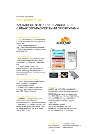 74
КАСКАДНЫЕ ФОТОПРЕОБРАЗОВАТЕЛИ
С КВАНТОВО-РАЗМЕРНЫМИ СТРУКТУРАМИ
КОНКУРЕНТНЫЕ ПРЕИМУЩЕСТВА /
• КПД увеличен на 4% по сравнению
с существующими в промышленности
аналогами.
• Себестоимость не выше,
чем у имеющихся на рынке решений.
• Простота внедрения в существующее
производство.
СУТЬ ИННОВАЦИИ /
• Использование массивов квантовых
точек позволяет решить проблему
дисбаланса фототоков в каскадном
ФЭП.
• Использование технологии
псевдоморфного эпитаксиального
роста, наиболее подходящей для
широкомасштабного промышленного
производства.
ДОСТИГНУТЫЕ РЕЗУЛЬТАТЫ /
• Создан прототип однопереходного
GaAs солнечного элемента
с квантовыми точками.
• Прирост фототока подтвержден
в научно-технологическом центре
при ООО «Хевел» (Россия)
РЫНОЧНЫЙ ПОТЕНЦИАЛ /
• 330 MWp – суммарная мощность
фактически установленных
концентраторных (CPV) энергосистем.
• Рынок CPV составляет порядка 200
миллионов USD и в ближайшие годы
по прогнозам будет расти не менее
чем на 40% в год.
КОМАНДА /
НАДТОЧИЙ АЛЕКСЕЙ МИХАЙЛОВИЧ –
Генеральный директор , соучредитель
компании.
МАКСИМОВ МИХАИЛ ВИКТОРОВИЧ –
зам. ген. директора по науке, 20 летний
опыт руководства научной группой,
индекс цитирования 4550, индекс
Хирша 36.
МИНТАИРОВ СЕРГЕЙ
АЛЕКСАНДРОВИЧ – зам. ген.
директора по развитию, автор более
40 научных работ и 15 патентов.
ООО «СОЛАР ДОТС»
КОНТАКТЫ /
Санкт-Петербург
Алексей Надточий
+7 (911) 915 32 74
Alexey.Nadtochiy@solardots.ru
www.solardots.ru
ГРАНТОПОЛУЧАТЕЛЬ
 