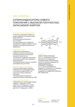 97
КОНКУРЕНТНЫЕ ПРЕИМУЩЕСТВА /
• Плотность запасаемой энергии на
уровне современных аккумуляторов
до 50-100 Втч/кг
• Высокая удельная мощность
до 5-10 кВт/кг
• Суперконденсатор из недорогих
производных графена сохранит низкую
стоимость при кратном увеличении
параметров.
СУТЬ ИННОВАЦИИ /
• Электрод из производных
графена с высоким окислительно-
восстановительным потенциалом
и развитой пористостью.
• Устойчивый к гидролизу электролит
на основе литиевой соли природного
происхождения.
• Сепаратор малой толщины с высокой
проницаемостью для ионов.
ДОСТИГНУТЫЕ РЕЗУЛЬТАТЫ /
• Получен лабораторный образец
симметричного суперконденсатора
с плотностью энергии 46 Вт·ч/кг
в расчете на массу материала
электрода.
• Показана работоспособность
модельной ячейки в диапазоне до 4,5В.
РЫНОЧНЫЙ ПОТЕНЦИАЛ /
• Мировой рынок суперконденсаторов
превысит 1 млрд долл. в 2014
и достигнет 3,5 млрд долл. к 2020 г.
• Весь рынок накопителей энергии
достигнет 77 млрд долл. к 2020 г.
КОМАНДА /
СЕМЕН ЧЕРВОНОБРОДОВ,
к.ф.-м.н., руководитель проекта,
специалист по углеродным
наноматериалам в Курчатовском
институте, основал производство
графена Карбонлайт;
ВЛАДИМИР ГОЛЬДБЕРГ,
д.х.н., научный руководитель,
профессор, специалист по полимерам.
Команду проекта составляют
специалисты из ИБХФ РАН, ИХФ РАН,
МГУ, ИФХЭ РАН.
СУПЕРКОНДЕНСАТОРЫ НОВОГО
ПОКОЛЕНИЯ С ВЫСОКОЙ ПЛОТНОСТЬЮ
ЗАПАСАЕМОЙ ЭНЕРГИИ
КОНТАКТЫ /
Москва
Семен Червонобродов
+7 (495) 939 71 93
chervon@mail.ru
ООО «КОНГРАН»
НАКОПЛЕНИЕЭНЕРГИИ
 