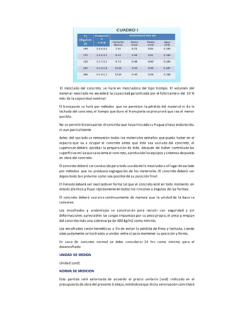 El mezclado del concreto, se hará en mezcladora del tipo trompo. El volumen del
material mezclado no excederá la capacidad garantizada por el fabricante o del 10 %
más de la capacidad nominal.
El transporte se hará por métodos que no permitan la pérdida del material ni de la
lechada del concreto; el tiempo que dure el transporte se procurará que sea el menor
posible.
No se permitirá transportar el concreto que haya iniciado su fragua o haya endurecido,
ni aun parcialmente
Antes del vaciado se removerán todos los materiales extraños que pueda haber en el
espacio que va a ocupar el concreto antes que éste sea vaciado del concreto, el
supervisor deberá aprobar la preparación de éste, después de haber controlado las
superficies en lasqueseasienta el concreto,aprobando losequiposy sistemas depuesta
en obra del concreto.
El concreto deberá ser conducido para todo uso desde la mezcladora al lugardevaciado
por métodos que no produzca segregación de los materiales. El concreto deberá ser
depositado tan próximo como sea posible de su posición final.
El llenado deberá ser realizado en forma tal que el concreto esté en todo momento en
estado plástico y fluya rápidamente en todos los rincones y ángulos de las formas.
El concreto deberá vaciarse continuamente de manera que la unidad de la base se
conserve.
Los encofrados y andamiajes se construirán para resistir con seguridad y sin
deformaciones apreciables las cargas impuestas por su peso propio, el peso y empuje
del concreto más una sobrecarga de 300 kg/m2 como mínimo.
Los encofrados serán herméticos a fin de evitar la pérdida de finos y lechada, siendo
adecuadamente arriostrados y unidos entre sí para mantener su posición y forma.
En caso de concreto normal se debe considerar 24 hrs como mínimo para el
desencofrado
UNIDAD DE MEDIDA
Unidad (und)
NORMA DE MEDICION
Esta partida será valorizada de acuerdo al precio unitario (und) indicado en el
presupuesto de obra del presente trabajo,entiéndaseque dicha valorización constituirá
 