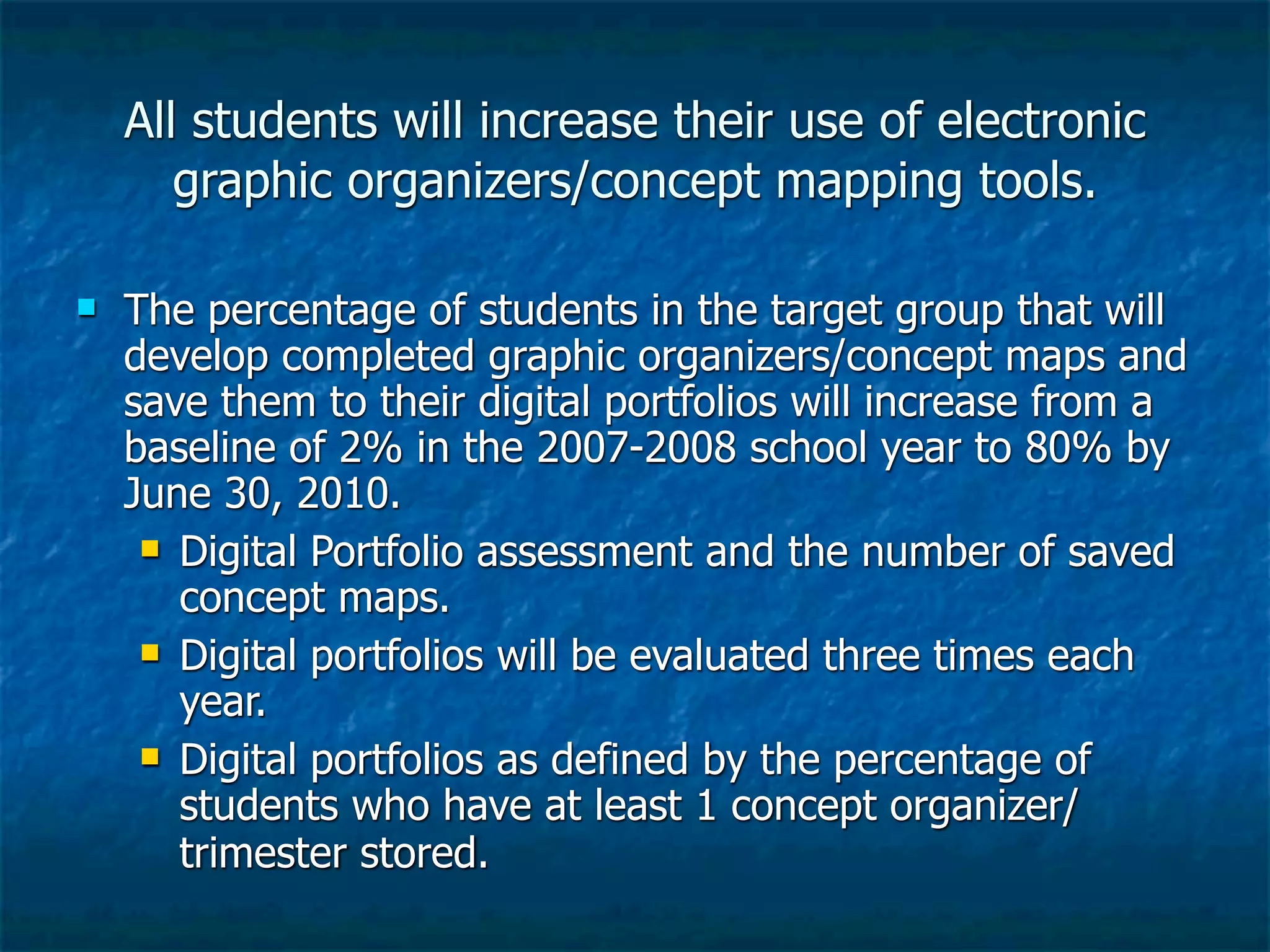 All students will increase their use of electronic
       graphic organizers/concept mapping tools.

   The percentage of students in the target group that will
    develop completed graphic organizers/concept maps and
    save them to their digital portfolios will increase from a
    baseline of 2% in the 2007-2008 school year to 80% by
    June 30, 2010.
      Digital Portfolio assessment and the number of saved
       concept maps.
      Digital portfolios will be evaluated three times each
       year.
      Digital portfolios as defined by the percentage of
       students who have at least 1 concept organizer/
       trimester stored.
 