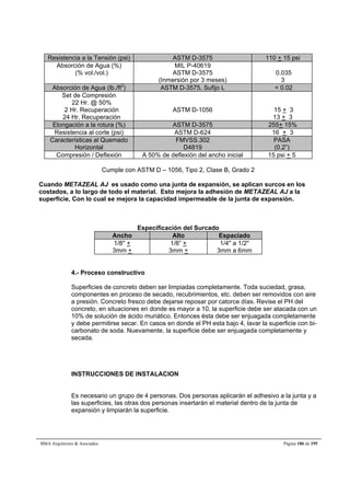 Resistencia a la Tensión (psi) ASTM D-3575 110 + 15 psi 
Absorción de Agua (%) 
(% vol./vol.) 
MIL P-40619 
ASTM D-3575 
(Inmersión por 3 meses) 
0.035 
3 
Absorción de Agua (lb./ft2) ASTM D-3575, Sufijo L  0.02 
Set de Compresión 
22 Hr. @ 50% 
2 Hr. Recuperación 
24 Hr. Recuperación 
ASTM D-1056 
15 + 3 
13 + 3 
Elongación a la rotura (%) ASTM D-3575 255+ 15% 
Resistencia al corte (psi) ASTM D-624 16 + 3 
Características al Quemado 
Horizontal 
FMVSS.302 
D4819 
PASA 
(0.2”) 
Compresión / Deflexión A 50% de deflexión del ancho inicial 15 psi + 5 
Cumple con ASTM D – 1056, Tipo 2, Clase B, Grado 2 
Cuando METAZEAL AJ es usado como una junta de expansión, se aplican surcos en los 
costados, a lo largo de todo el material. Esto mejora la adhesión de METAZEAL AJ a la 
superficie, Con lo cual se mejora la capacidad impermeable de la junta de expansión. 
Especificación del Surcado 
Ancho Alto Espaciado 
1/8'' + 
1/8” + 
3mm + 
3mm + 
1/4'' a 1/2'' 
3mm a 6mm 
4.- Proceso constructivo 
Superficies de concreto deben ser limpiadas completamente. Toda suciedad, grasa, 
componentes en proceso de secado, recubrimientos, etc. deben ser removidos con aire 
a presión. Concreto fresco debe dejarse reposar por catorce días. Revise el PH del 
concreto, en situaciones en donde es mayor a 10, la superficie debe ser atacada con un 
10% de solución de ácido muriático. Entonces ésta debe ser enjuagada completamente 
y debe permitirse secar. En casos en donde el PH esta bajo 4, lavar la superficie con bi-carbonato 
de soda. Nuevamente, la superficie debe ser enjuagada completamente y 
secada. 
INSTRUCCIONES DE INSTALACION 
Es necesario un grupo de 4 personas. Dos personas aplicarán el adhesivo a la junta y a 
las superficies, las otras dos personas insertarán el material dentro de la junta de 
expansión y limpiarán la superficie. 
BMA Arquitectos  Asociados Página 186 de 195 
 