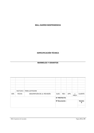 MALL BARRIO INDEPENDENCIA 
ESPECIFICACIÓN TÉCNICA 
MARMOLES Y GRANITOS 
18-07-2012 PARA LICITACION 
VER. FECHA DESCRIPCIÓN DE LA REVISIÓN EJEC. REV. APR. J. 
PROY 
CLIENTE 
N° PROYECTO: 
Nº Documento : 
Versión 
A 
BMA Arquitectos  Asociados Página 192 de 195 
 