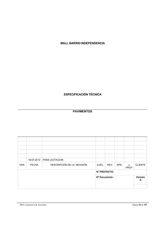 MALL BARRIO INDEPENDENCIA 
ESPECIFICACIÓN TÉCNICA 
PAVIMENTOS 
18-07-2012 PARA LICITACION 
VER. FECHA DESCRIPCIÓN DE LA REVISIÓN EJEC. REV. APR. J. 
PROY 
CLIENTE 
N° PROYECTO: 
Nº Documento : 
Versión 
A 
BMA Arquitectos  Asociados Página 56 de 195 
 