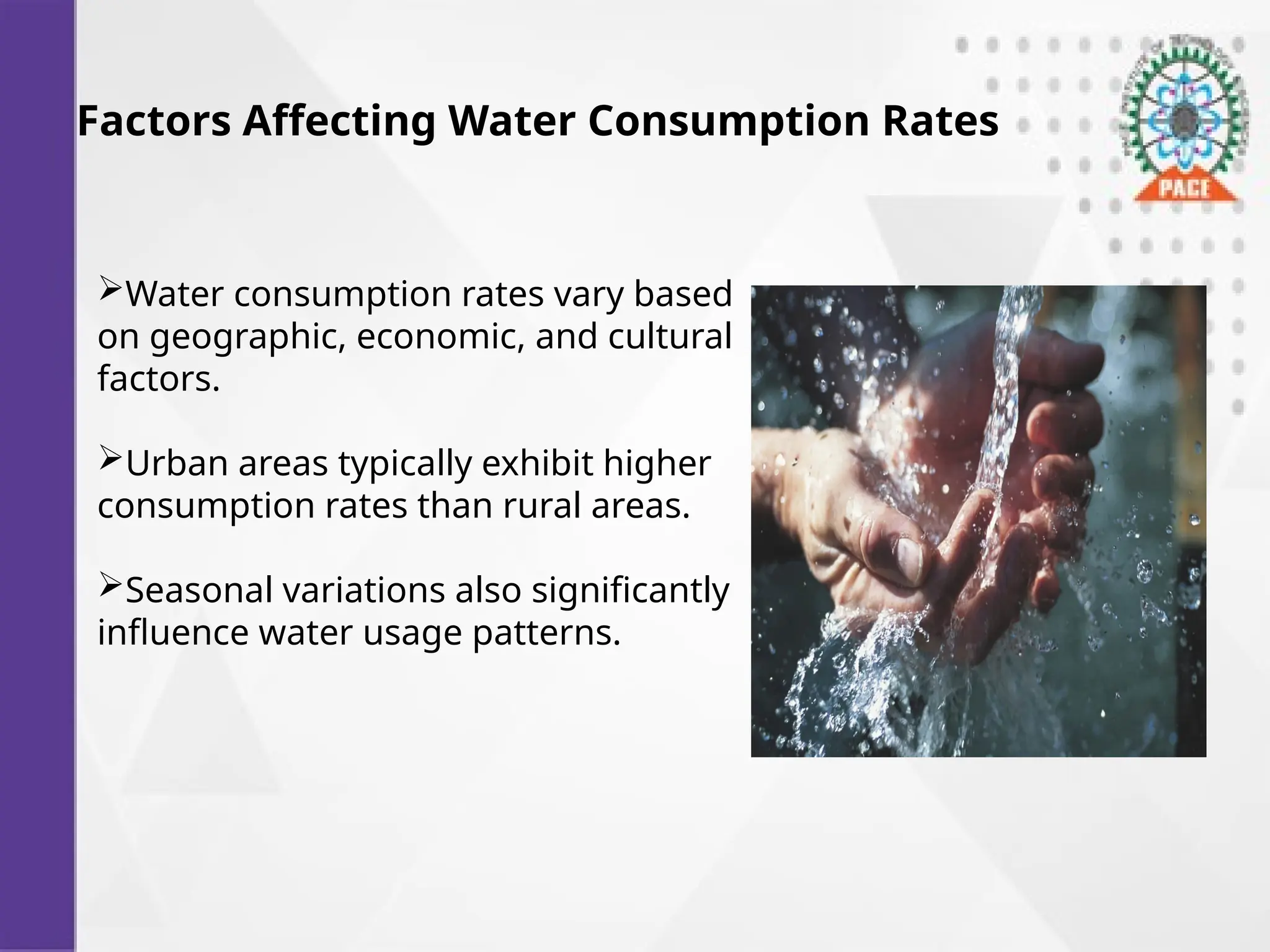 Factors Affecting Water Consumption Rates
Water consumption rates vary based
on geographic, economic, and cultural
factors.
Urban areas typically exhibit higher
consumption rates than rural areas.
Seasonal variations also significantly
influence water usage patterns.
 