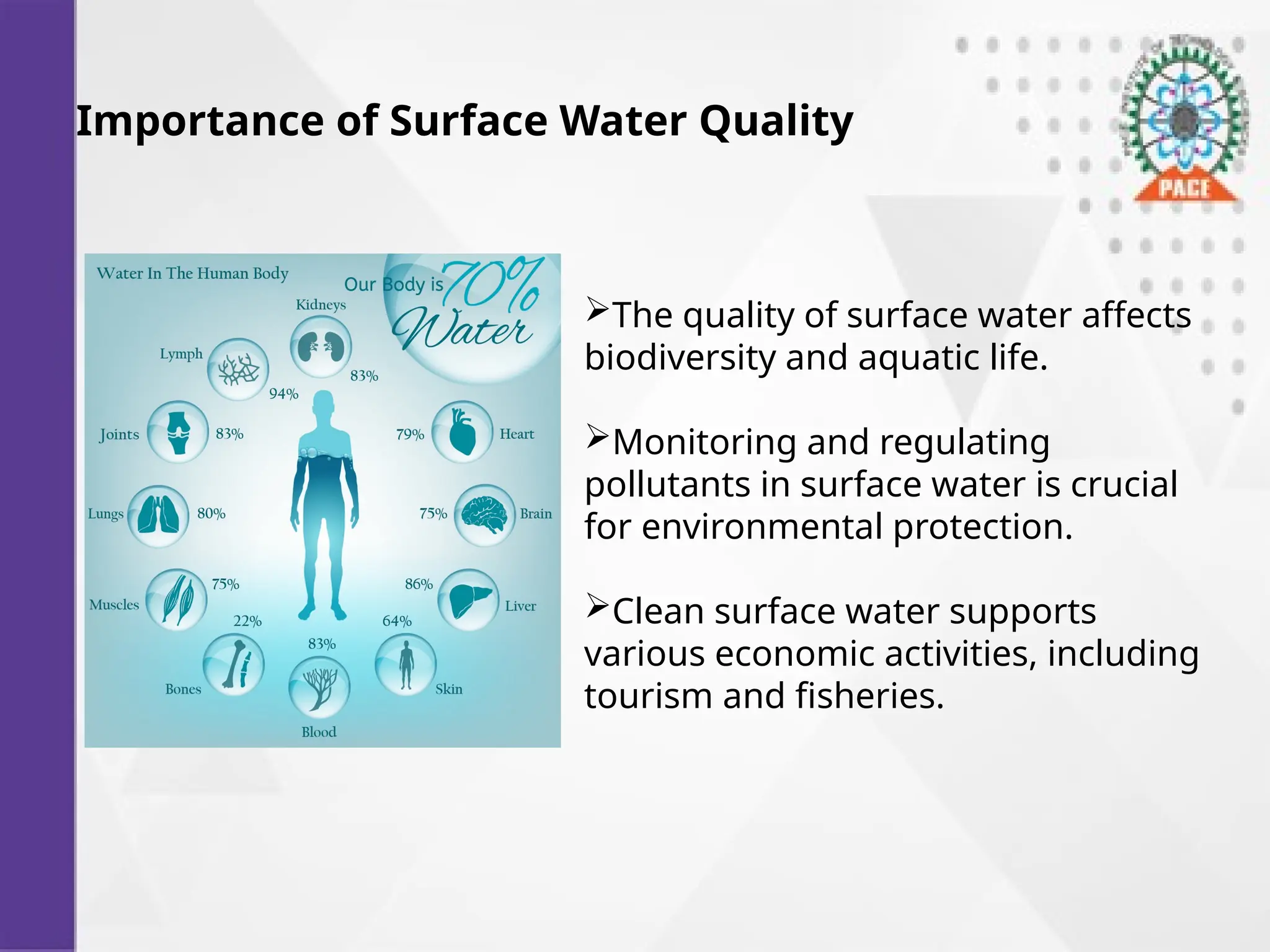 Importance of Surface Water Quality
The quality of surface water affects
biodiversity and aquatic life.
Monitoring and regulating
pollutants in surface water is crucial
for environmental protection.
Clean surface water supports
various economic activities, including
tourism and fisheries.
 