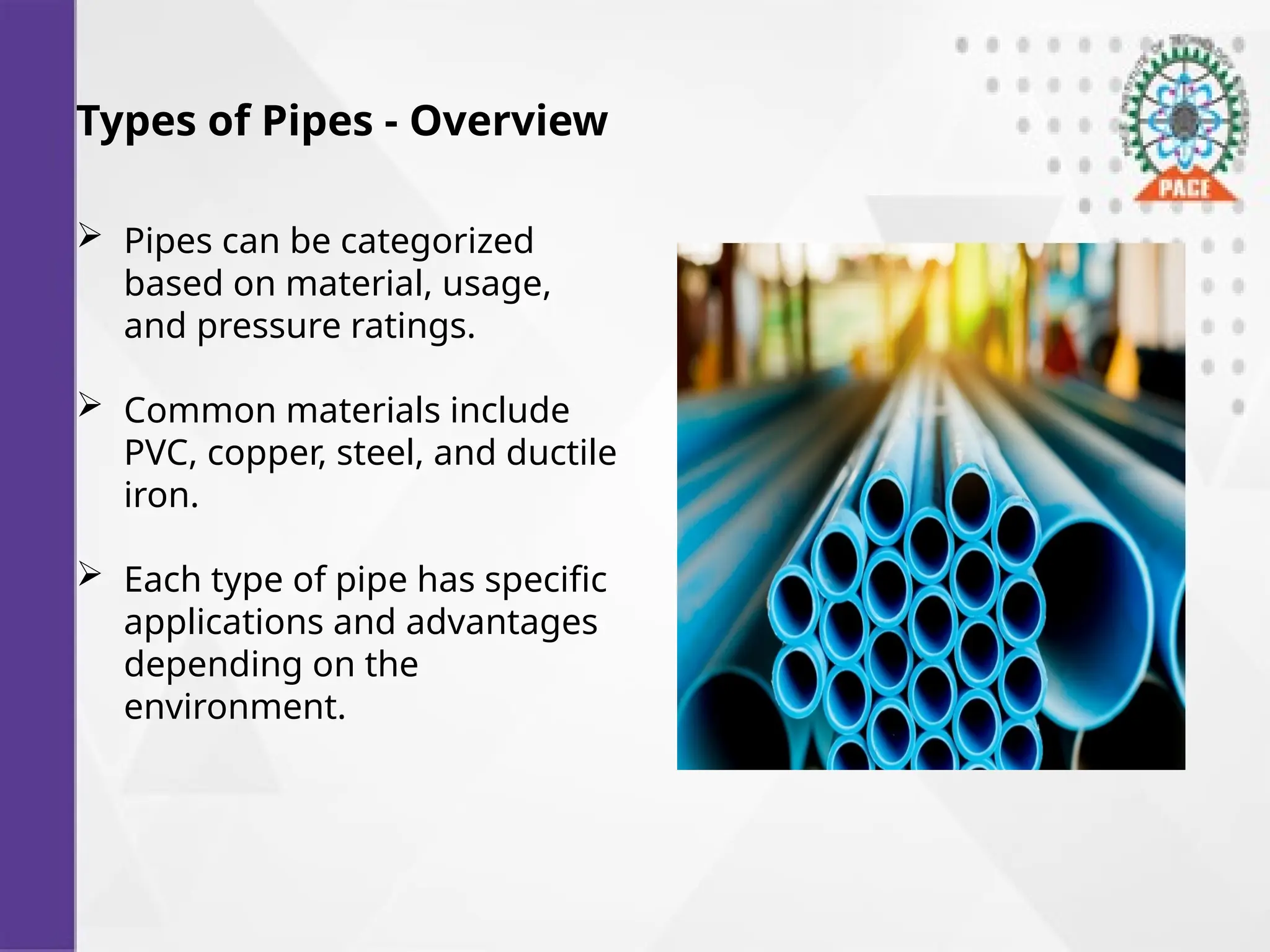Types of Pipes - Overview
 Pipes can be categorized
based on material, usage,
and pressure ratings.
 Common materials include
PVC, copper, steel, and ductile
iron.
 Each type of pipe has specific
applications and advantages
depending on the
environment.
 