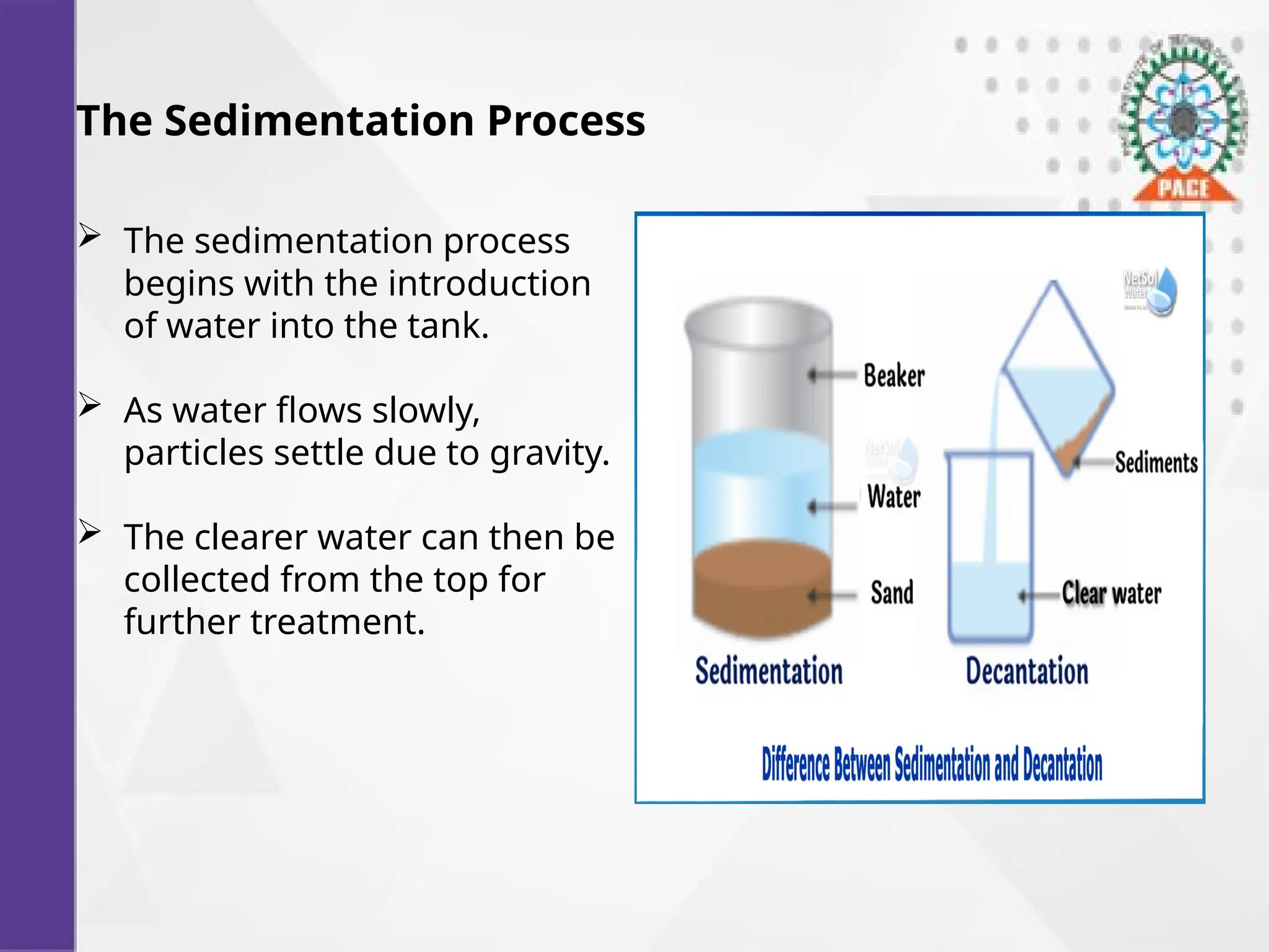 The Sedimentation Process
 The sedimentation process
begins with the introduction
of water into the tank.
 As water flows slowly,
particles settle due to gravity.
 The clearer water can then be
collected from the top for
further treatment.
 