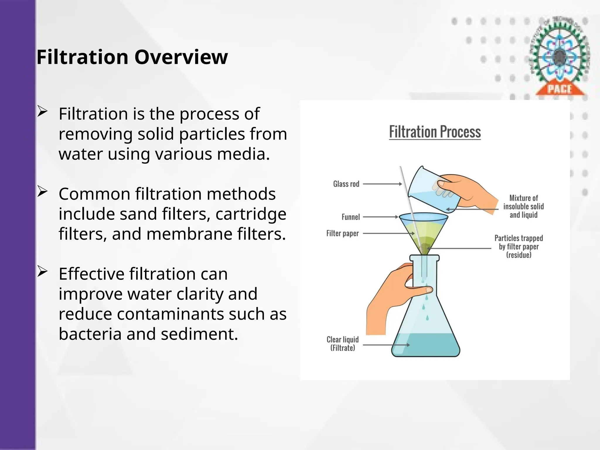 Filtration Overview
 Filtration is the process of
removing solid particles from
water using various media.
 Common filtration methods
include sand filters, cartridge
filters, and membrane filters.
 Effective filtration can
improve water clarity and
reduce contaminants such as
bacteria and sediment.
 