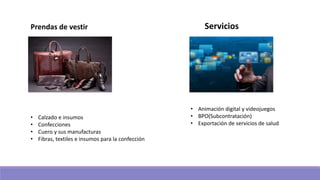 Prendas de vestir
• Calzado e insumos
• Confecciones
• Cuero y sus manufacturas
• Fibras, textiles e insumos para la confección
Servicios
• Animación digital y videojuegos
• BPO(Subcontratación)
• Exportación de servicios de salud
 