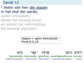 Daniël 12
2 Velen van hen die slapen
in het stof der aarde,
zullen ontwaken,
dezen tot eeuwig leven
en genen tot versmading,
tot eeuwig afgrijzen.
slapen = geen bewustzijn
Pred.9:5,10
 
