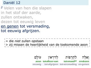 Daniël 12
2 Velen van hen die slapen
in het stof der aarde,
zullen ontwaken,
dezen tot eeuwig leven
en genen tot versmading,
tot eeuwig afgrijzen.
= die niet zullen opstaan
> zij missen de heerlijkheid van de toekomende aeon
 
