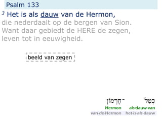 Psalm 133
3 Het is als dauw van de Hermon,
die nederdaalt op de bergen van Sion.
Want daar gebiedt de HERE de zegen,
leven tot in eeuwigheid.
beeld van zegen
 