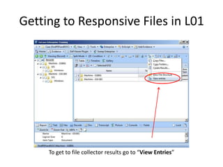 Getting to Responsive Files in L01

To get to file collector results go to “View Entries”

 