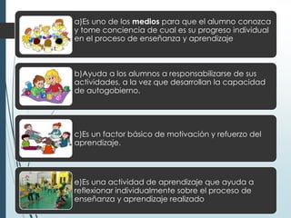 a)Es uno de los medios para que el alumno conozca
y tome conciencia de cual es su progreso individual
en el proceso de enseñanza y aprendizaje
b)Ayuda a los alumnos a responsabilizarse de sus
actividades, a la vez que desarrollan la capacidad
de autogobierno.
c)Es un factor básico de motivación y refuerzo del
aprendizaje.
e)Es una actividad de aprendizaje que ayuda a
reflexionar individualmente sobre el proceso de
enseñanza y aprendizaje realizado
 