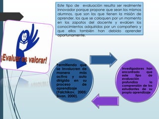 Permitiendo que
se involucren de
manera más
activa y auto
dirigida en su
proceso de
aprendizaje
(Falchikov, 2005;
Sivan, 2000).
Investigadores han
encontrado que
este tipo de
evaluación
profundiza la
comprensión de los
estudiantes de su
propio aprendizaje
Este tipo de evaluación resulta ser realmente
innovador porque propone que sean los mismos
alumnos, que son los que tienen la misión de
aprender, los que se coloquen por un momento
en los zapatos del docente y evalúen los
conocimientos adquiridos por un compañero y
que ellos también han debido aprender
oportunamente.
 