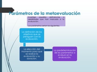 Parámetros de la metaevaluación
investiga aquellas deficiencias o
debilidades que han marcado a la
evaluación.
Los parámetros serian los siguientes:
La definición de los
objetivos que se
persiguen con la
evaluación.
La elección del
momento para que
se realice la
evaluación y su
duración.
La predeterminación
de los parámetros a
evaluar en la
evaluación.
 