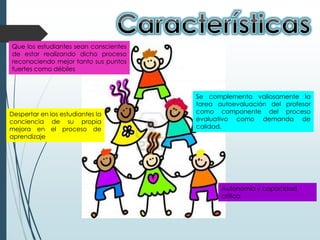 Que los estudiantes sean conscientes
de estar realizando dicho proceso
reconociendo mejor tanto sus puntos
fuertes como débiles
Se complementa valiosamente la
tarea autoevaluación del profesor
como componente del proceso
evaluativo como demanda de
calidad.
Despertar en los estudiantes la
conciencia de su propia
mejora en el proceso de
aprendizaje
Autonomía y capacidad
crítica
 