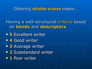 Obtaining  reliable scores  means… Having a well-structured  criteria   based on  bands   and  descriptors 5  Excellent writer 4  Good writer 3  Average writer  2  Substandard writer  1  Poor writer 