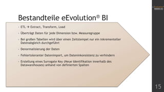 Bestandteile eEvolution® BI
•

ETL  Extract, Transform, Load

•

Überträgt Daten für jede Dimension bzw. Measuregruppe

•

Bei großen Tabellen wird über einen Zeitstempel nur ein inkrementeller
Datenabgleich durchgeführt

•

Denormalisierung der Daten

•

Fehlertoleranter Datenimport, um Dateninkonsistenz zu verhindern

•

Erstellung eines Surrogate Key (Neue Identifikation innerhalb des
Datawarehouses) anhand von definierten Spalten

15

 
