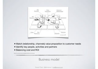 • Match (relationship, channels) value proposition to customer needs
• Identify key people, activities and partners
• Bala...
