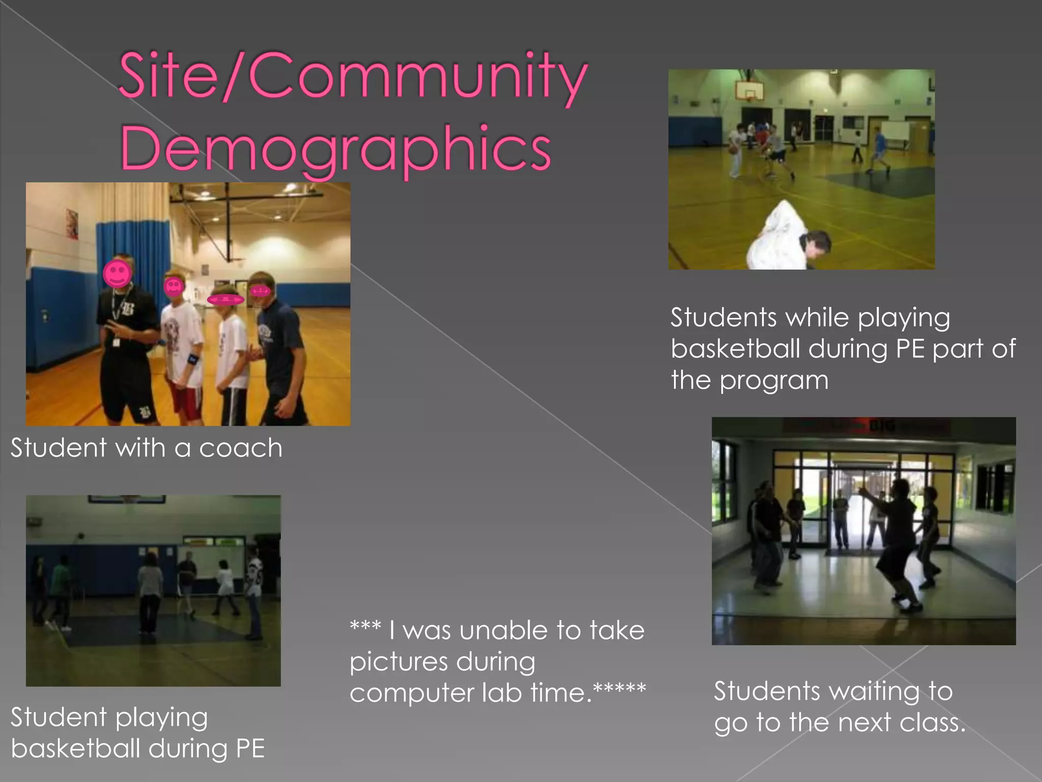 Site/Community DemographicsStudents while playing basketball during PE part of the programStudent with a coach*** I was unable to take pictures during computer lab time.*****Students waiting to go to the next class.Student playing basketball during PE 