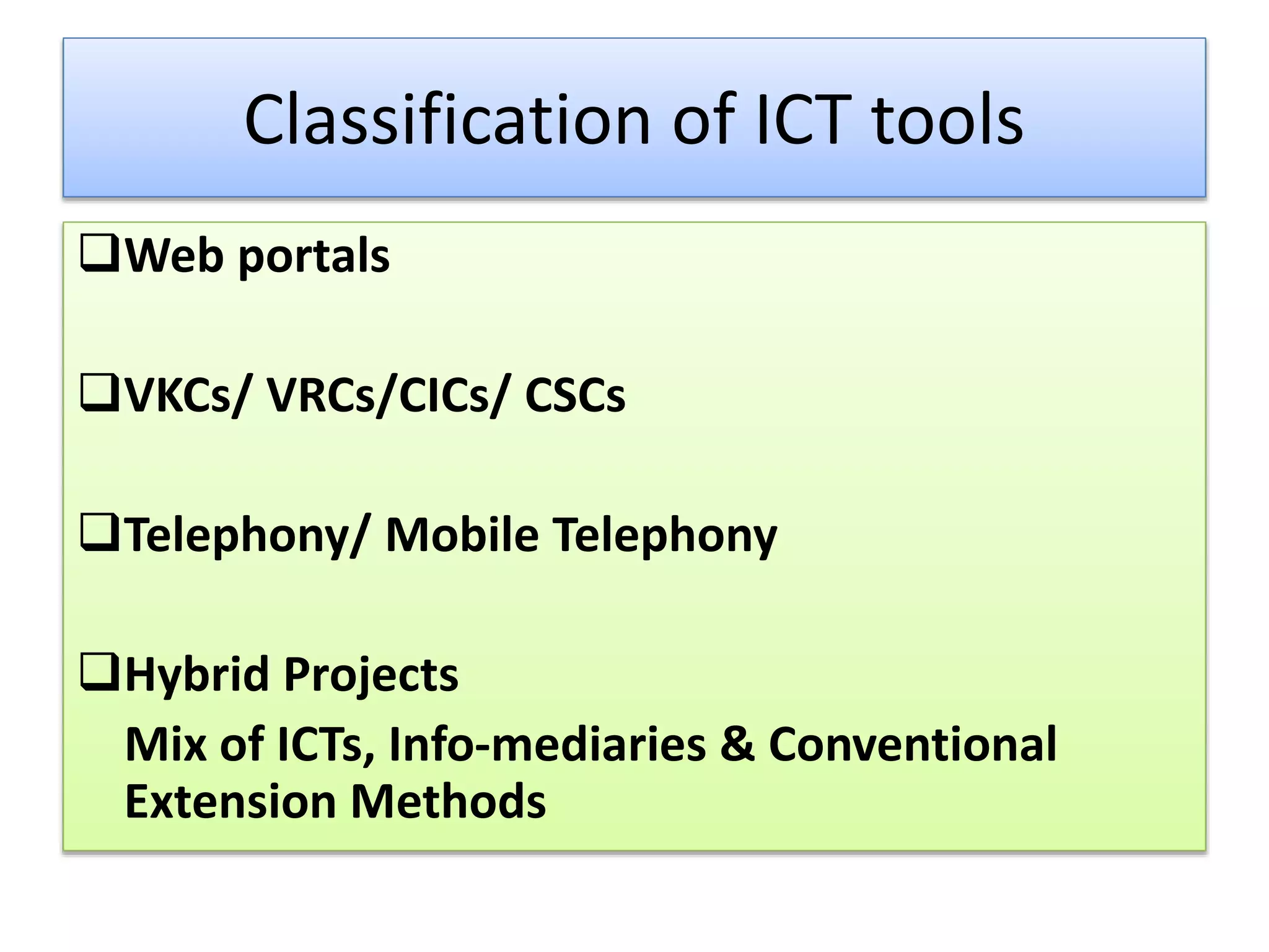 Classification of ICT tools
Web portals
VKCs/ VRCs/CICs/ CSCs
Telephony/ Mobile Telephony
Hybrid Projects
Mix of ICTs, Info-mediaries & Conventional
Extension Methods
 