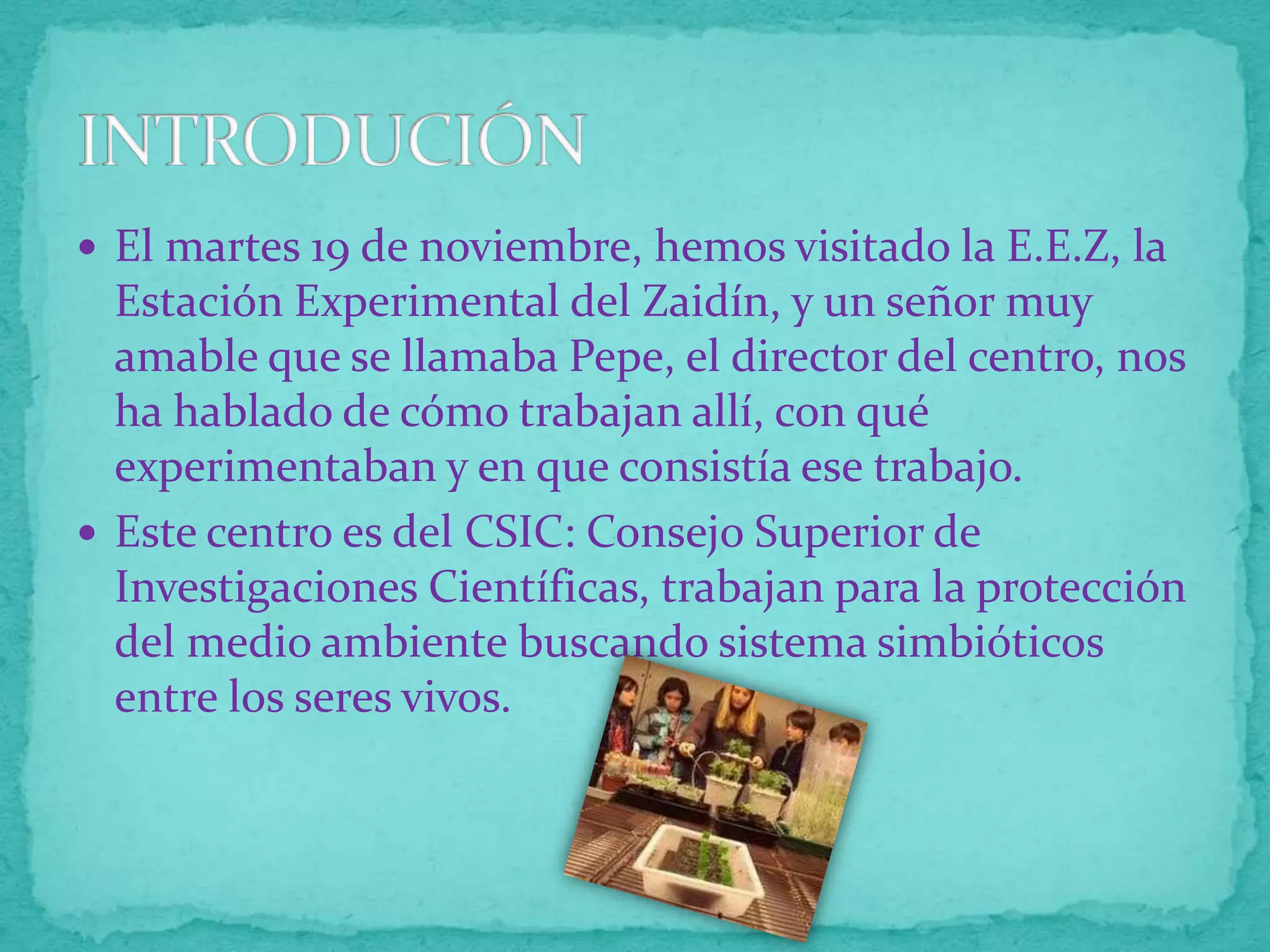  El martes 19 de noviembre, hemos visitado la E.E.Z, la

Estación Experimental del Zaidín, y un señor muy
amable que se llamaba Pepe, el director del centro, nos
ha hablado de cómo trabajan allí, con qué
experimentaban y en que consistía ese trabajo.
 Este centro es del CSIC: Consejo Superior de
Investigaciones Científicas, trabajan para la protección
del medio ambiente buscando sistema simbióticos
entre los seres vivos.

 
