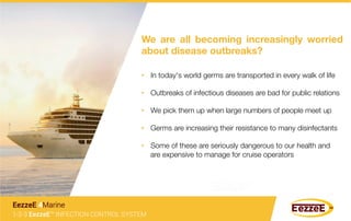 We are all becoming increasingly worried
about disease outbreaks?
	
  
•  In today's world germs are transported in every walk of life

•  Outbreaks of infectious diseases are bad for public relations
•  We pick them up when large numbers of people meet up

•  Germs are increasing their resistance to many disinfectants

•  Some of these are seriously dangerous to our health and
are expensive to manage for cruise operators
1-2-3 EezzeE™ INFECTION CONTROL SYSTEM
EezzeE 4Marine
 